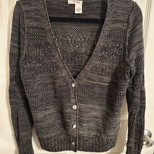 DKNY Crochet Textured Knit Button Down V-Neck Cardigan Sweater, Brown, M
